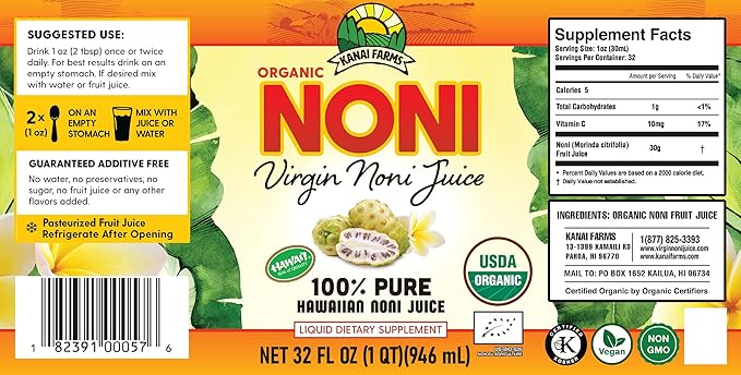 Virgin Noni Juice - 100% Pure Organic Hawaiian Noni Juice - 4 Pack of 32oz Glass Bottles