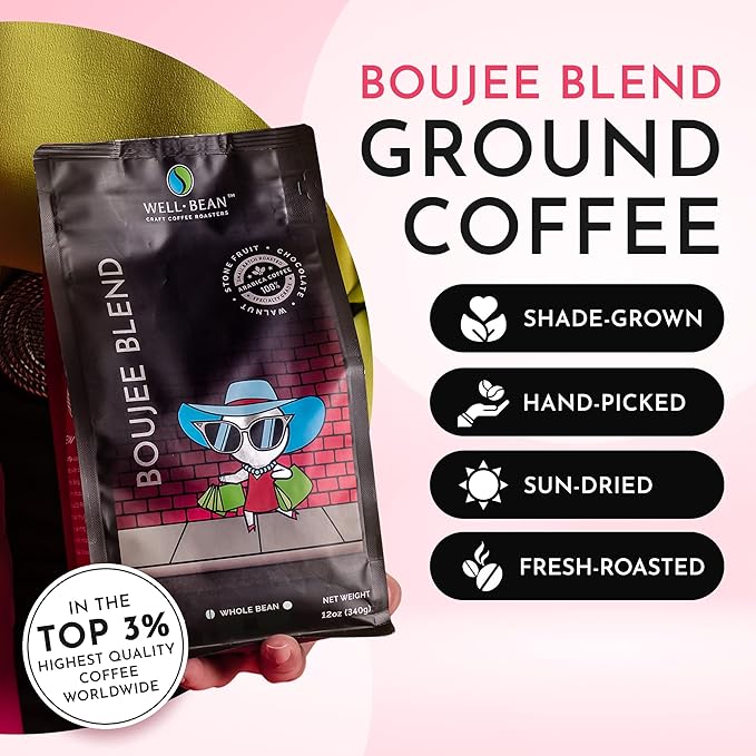 Well-Bean Coffee - Boujee Blend Ground Coffee Made of Brazil Colombia and Honduras Coffee Antioxidant Rich Coffee Ground Dark Roasted Coffee 2 lb