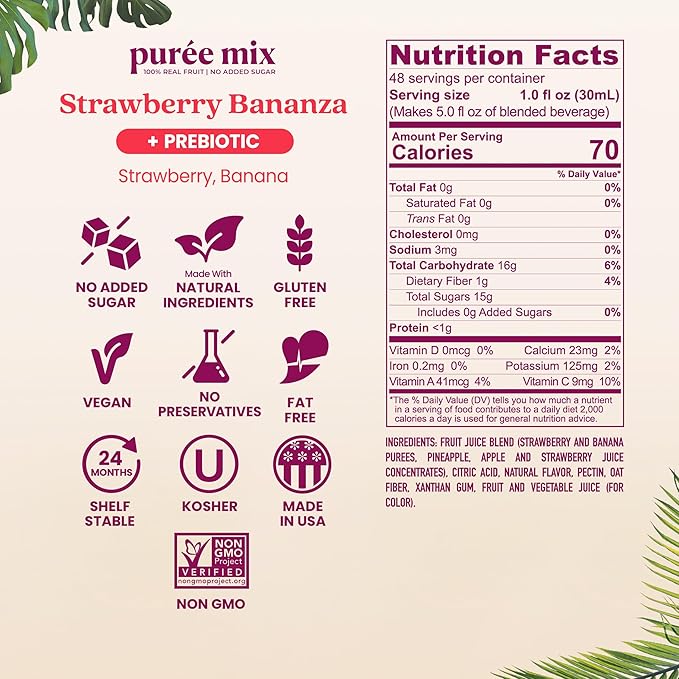 Smartfruit Strawberry Bananza + Oat Fiber – 100% Real Fruit Purée with Strawberries &amp Banana – Great for Smoothies Juice Yogurt Cocktails Teas &amp More – High in Vitamin C – 48oz