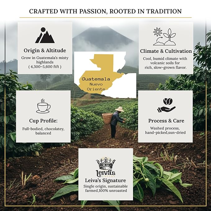 Leiva’s Unroasted Green Coffee Beans (1kg) – Nuevo Oriente Single Origin Coffee w/Rich Chocolate Notes – Washed Shade Grown Organic Guatemala Beans – Low Acid Whole Bean Unroasted Blend
