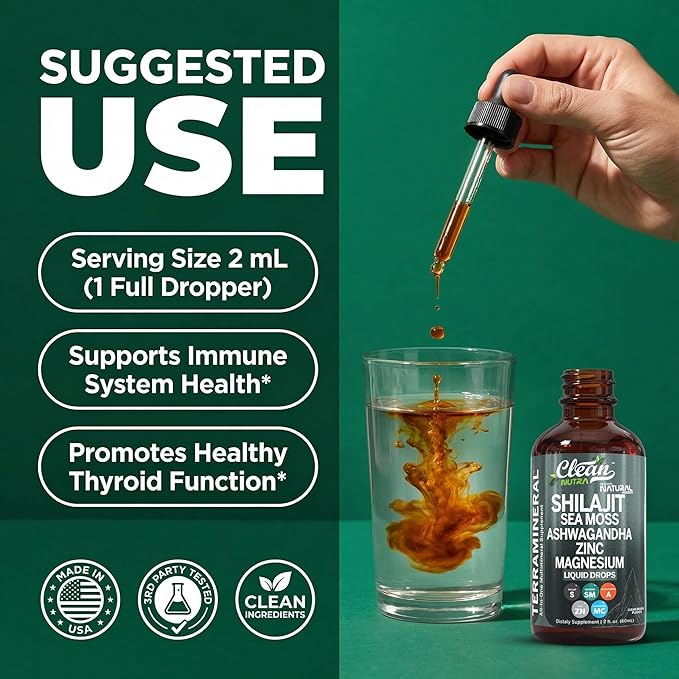 Shilajit Liquid Drops with Sea Moss Ashwagandha Zinc Magnesium Liquid Vitamins for Women and Men - Terra Mineral by Clean Nutra - 2Pack