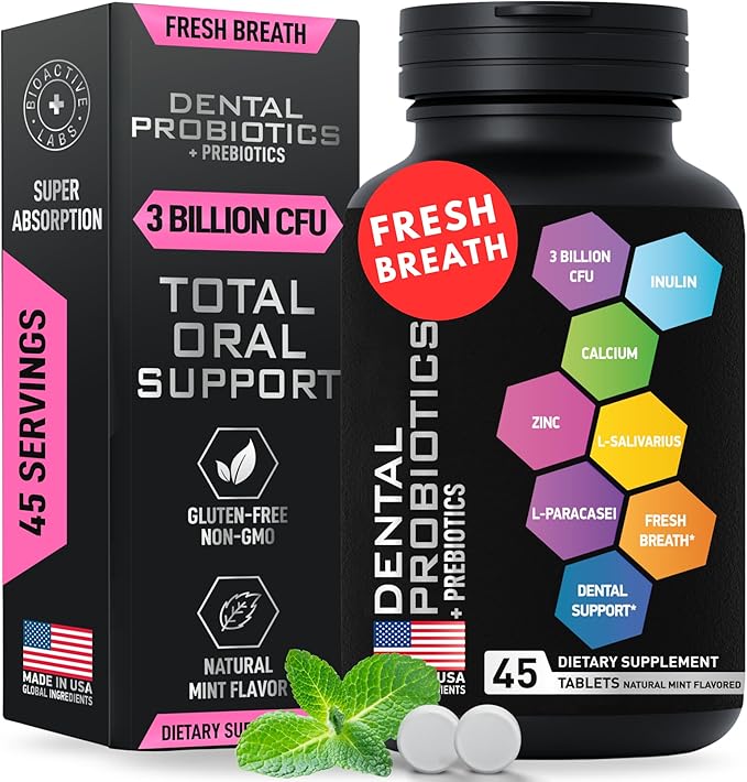 Dental Probiotics for Teeth and Gums - Best Lactobacillus Salivarius Tablets Fight Chronic Bad Breath &amp Restore Good Bacteria- Oral Probiotic Prebiotic Advanced Treatment for Mouth Health - 45 Tab