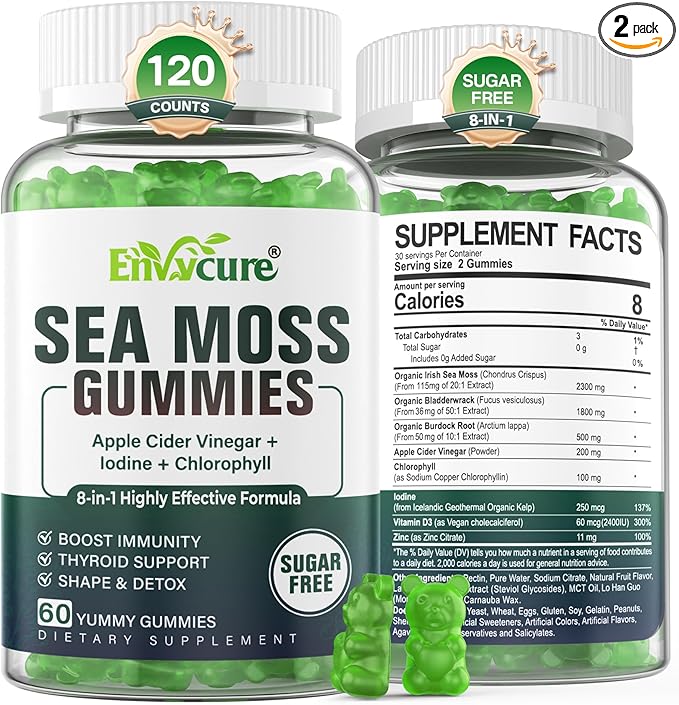 Sea Moss Gummies Sugar-Free Extra Strength Irish Moss Gel Supplement with Iodine Chlorophyll Unfiltered ACV D3 Burdock Root Bladderwrack for Immune Digestive Skin Hair Det❤️x Vegan 2Pack