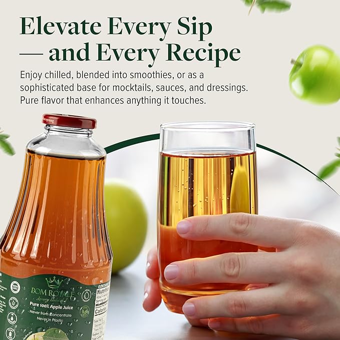 Pure Apple Juice 33.8oz Glass Bottle (Pack of 4) Cold Pressed Juice Not from Concentrate Non-GMO No Sugar Added Gluten Free Kosher Certified Preservative Free