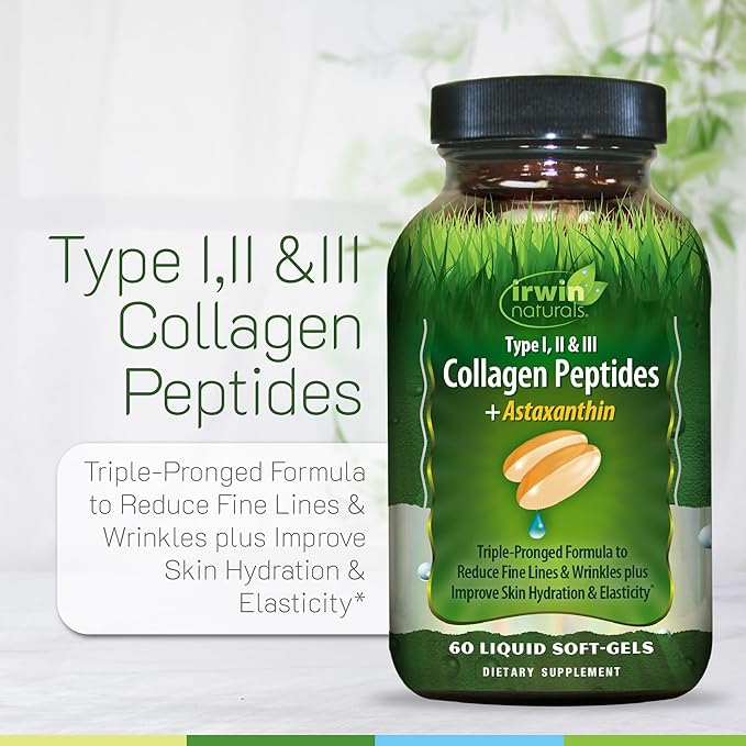 Irwin Naturals Collagen Peptides + Astaxanthin Type I II &amp III 60 Liquid Soft-Gels