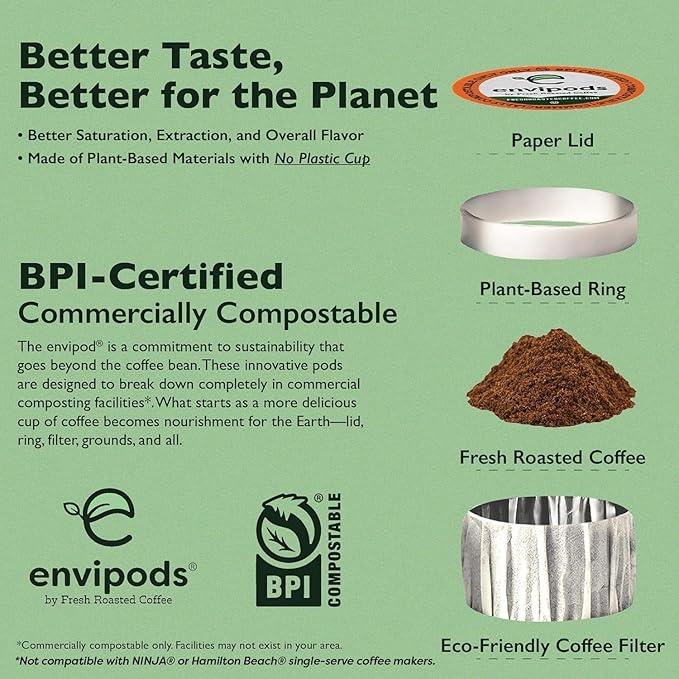 Fresh Roasted Coffee Organic Ethiopian Yirgacheffe envipods | BPI Compostable USDA Organic Kosher 3rd Party Tested for Mold Myco Pesticides | 72 CT Compatible With 1.0 &amp 2.0 K Cup Brewers