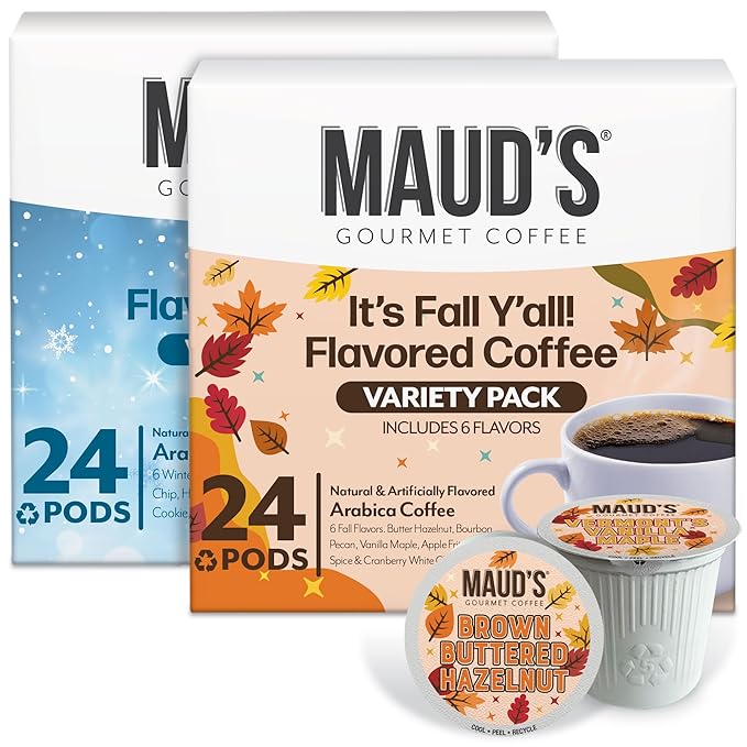 Maud’s Holiday &amp Fall Flavored Coffee Pods Variety Pack Bundle 48ct 11 Assorted Seasonal Flavors Medium Roast Coffee in Single Serve Pods 100% Arabica Coffee Compatible with Keurig K Cups Make