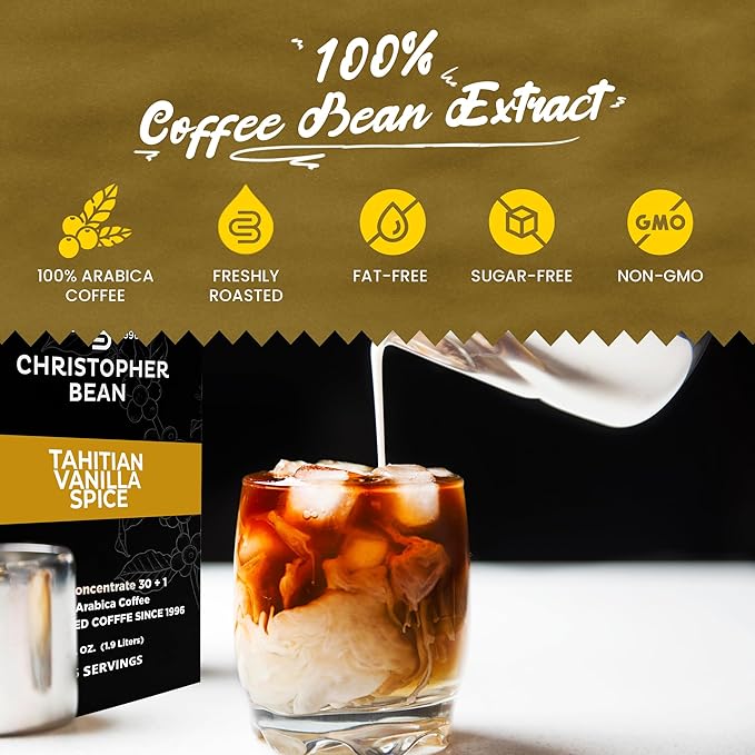 Christopher Bean Coffee - 396 servings 30 to 1 Blend Bag in Box Liquid Instant Coffee or Cold Brew Coffee Concentrate - Hot or Iced Coffee - Tahitian Vanilla Spice