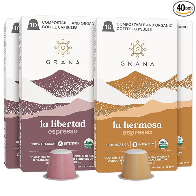 G GRANA Coffee Pods Compatible with Nespresso OriginalLine 40 Count Dark and Medium-Dark Roast USDA Organic 100% Arabica Single Source Specialty Coffee Compostable Single Serve Capsules