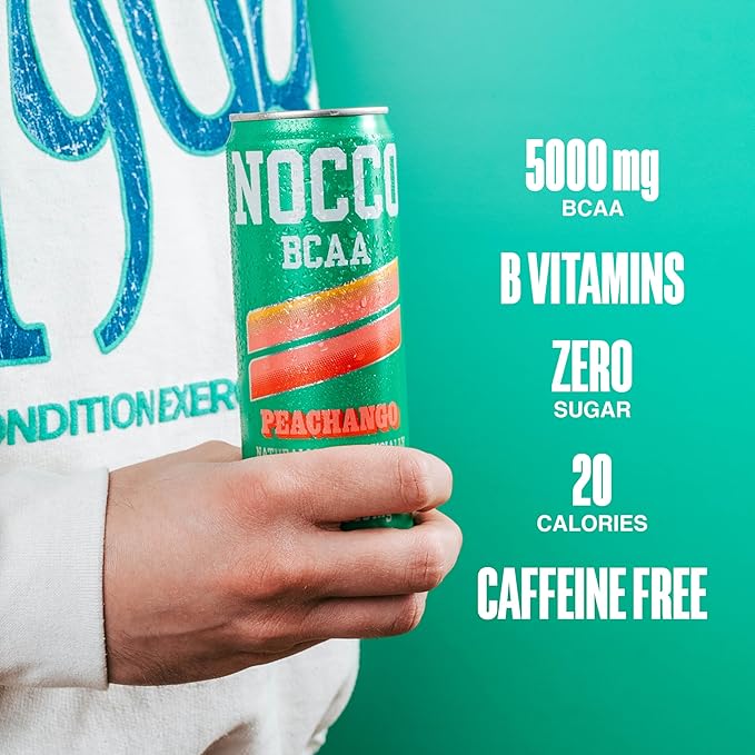 NOCCO BCAA Drink Peachango - 12 Fl Oz (Pack of 12) - 0mg of Caffeine 5000mg of BCAAs – Sugar &amp Caffeine Free Low Calorie Carbonated Drink with Vitamin B6 B12 Biotin - Grab &amp Go Performance