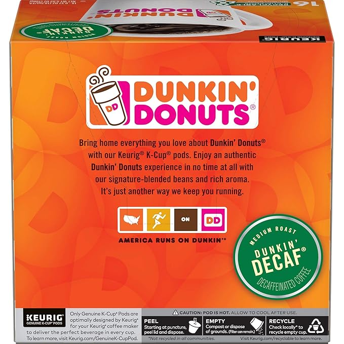 Dunkin' Donuts Medium Roast Decaf Coffee 64 K Cups for Keurig Coffee Makers