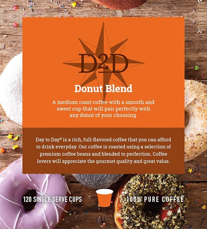 Day To Day Coffee Donut Blend Medium Roast Coffee Pods 120 Count Compatible with Keurig K-Cup Brewers Perfect Wake-Up Coffee