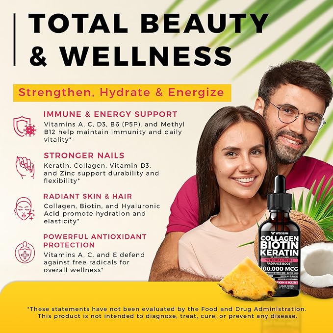 Liquid Biotin and Collagen Peptide Complex with Keratin Hyaluronic Acid MCT Oil Zinc Vitamins B6 B7 B12 A C D3 E - Hair Skin and Stronger Nails Supplement - 2 Pack