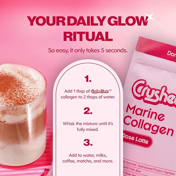 Crushed Tonic Marine Collagen Powder Korean Beauty Drink with Hydrolyzed Collagen Peptides for Skin Hair &amp Nails | Gluten-Free Halal &amp Kosher (Rose Latte 30 Servings (150 g) Pouch)