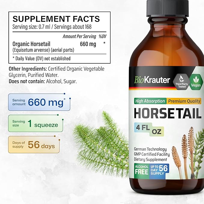 BIO KRAUTER® Horsetail Supplement for Hair Skin &amp Nails - Vegan &amp Pure Horsetail Herb Liquid Drops 660 mg per Serving 4 Fl.Oz. - Silica Hair Supplement - Alcohol &amp Sugar Free - 56 Days of