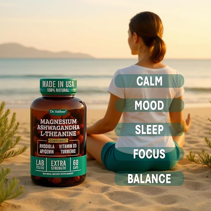 Cortisol Reducer &amp Adrenal Support Supplement–Natural Stress Relief with Ashwagandha KSM-66 Magnesium Glycinate &amp Citrate L-Theanine Rhodiola Apigenin Turmeric &amp Vitamin D3–Calm Mood