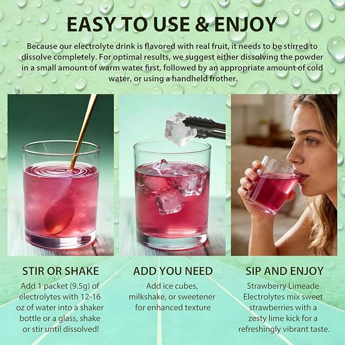 Strawberry Limeade Electrolytes Powder Packets Instantly Hydration Drink Mix Just Whole Food Ingredients Energy Boost Exercise Recovery Liquid &amp Daily I V Minerals Support 30 PCS No Sugar Add