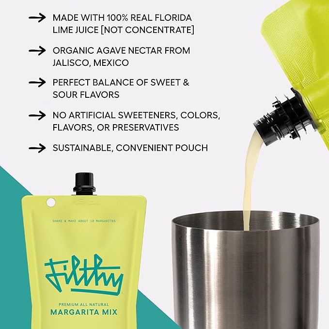 Filthy Margarita Mix Premium Cocktail Mixer All-Natural Non-GMO Vegan &amp Gluten-Free Made with 100% Fresh Florida Lime Juice and Organic Agave Nectar from Jalisco Mexico 32 Oz Pouch 2 Pack