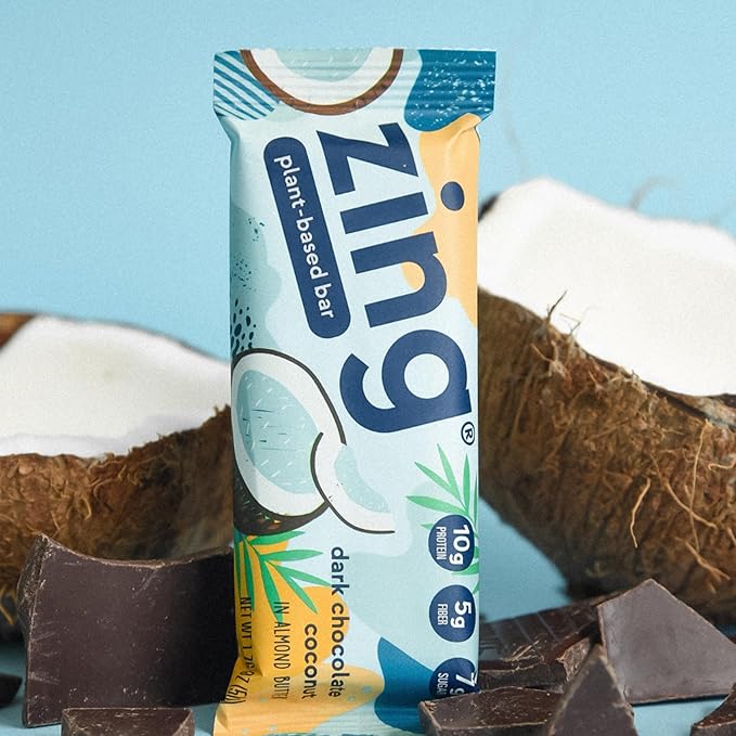 Zing Dark Chocolate Coconut Vegan Protein Bars Gluten Free with High Protein High Fiber Dairy Free Nutrition Bars Plant Based Protein Kosher Low Sugar No Sugar Alcohols - 12 count