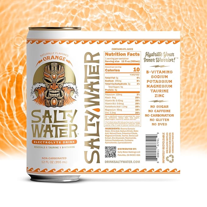 SaltyWater Electrolyte Drink Orange – Zero Sugar Premium Hydration Drink 10 Calories Minerals Taurine B-Vitamins Non-Carbonated - Zero Caffeine Electrolyte Sports Drink - Gluten Free - 12 Pack (