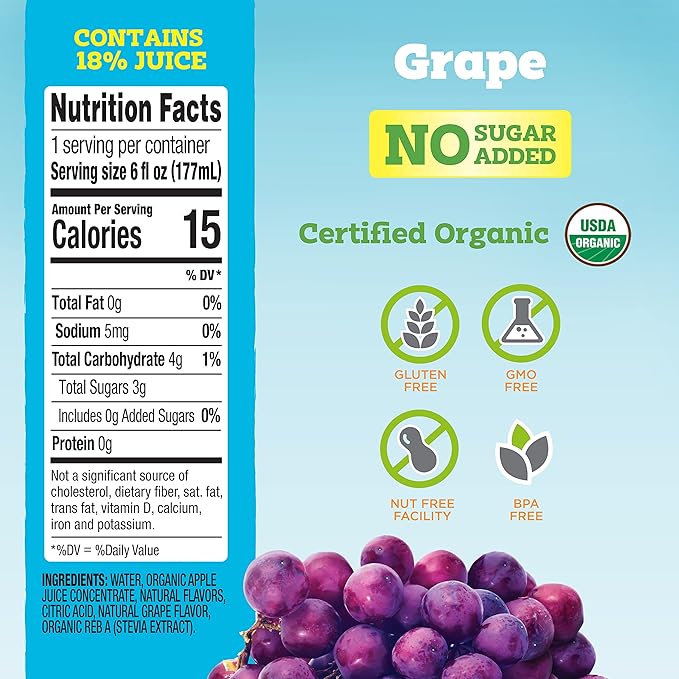 good2grow Organic Grape Flavored Juice for Kids - Grape Juice Bottles Bulk 24 Pack Reusable Bottle No Sugar Added - 6 fl oz Pack of 24 (Spill Proof Tops Not Included)