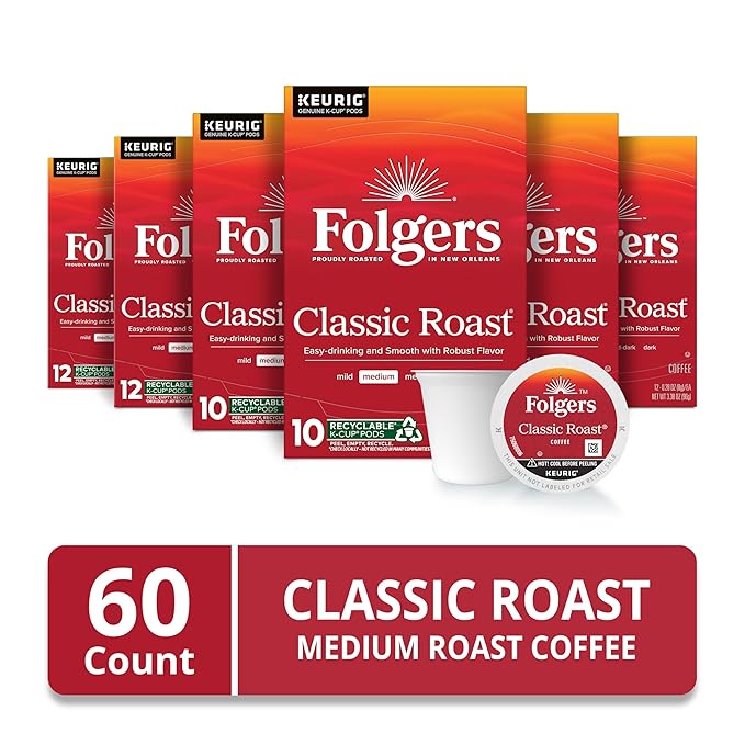 Folgers Classic Roast Coffee Medium Roast Keurig K-Cup Pods 10 Count Box (Pack of 6)