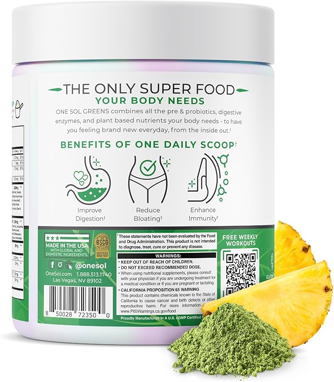 One Sol Greens Super Greens Powder to Reduce Bloating &amp Improve Gut Health Superfood Fresh Bloom Organic Greens Blend Juice &amp Smoothie Mix Pre &amp Probiotic with Digestive Enzymes Vegan