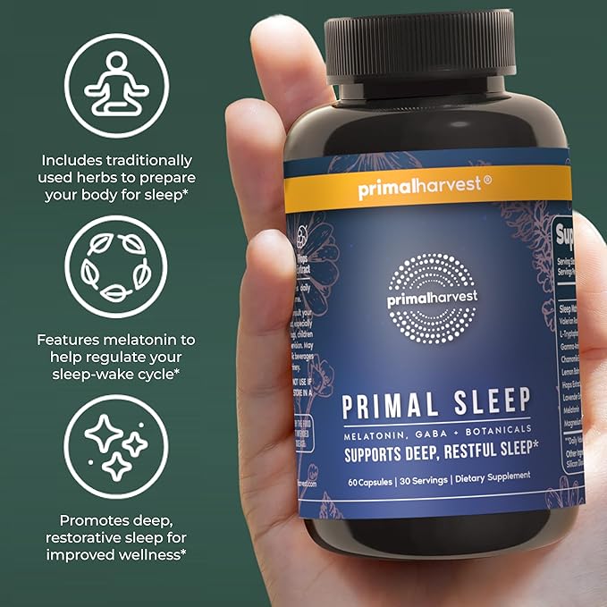 Primal Harvest 2 Pack Primal Sleep 60 Capsules with Valerian Root L-Tryptophan GABA Chamomile and Melatonin 3mg