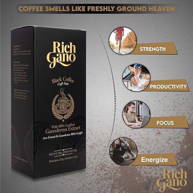 Rich gano Reishi Mushroom Coffee – (7 Boxes of 30 Sachets) Black Coffee with Ganoderma Extract – All Natural Vegan Friendly Instant Coffee Packets – Zero Jitters Energize Support