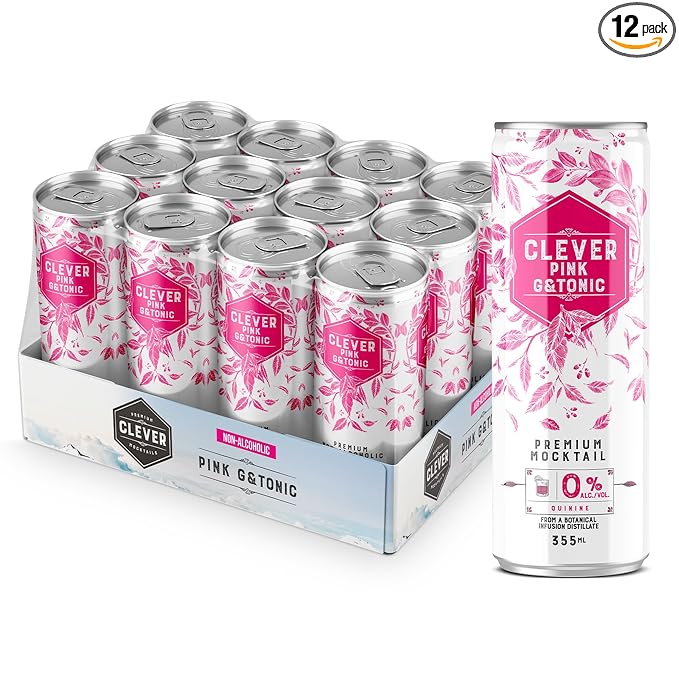 CLEVER - Pink G &amp Tonic Nonalcoholic Mocktails for Any Occasion Refreshing Beverages Inspired by Gin &amp Tonic Low-Calorie Mocktails Non-alcoholic Drinks with 80 Calories Pack of 12 (12 oz E