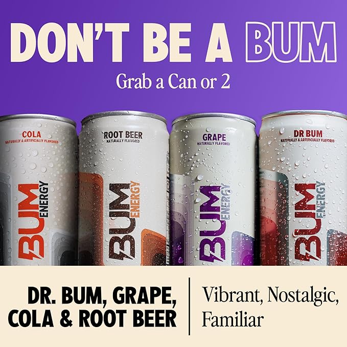 BUM Zero Sugar Energy Drink Variety Pack – Root Beer Dr. Bum Cola &amp Grape – Lightly Carbonated Sports Beverage with Natural Caffeine &amp Citicoline for Focus &amp Energy – 12 fl oz (12-Pack)