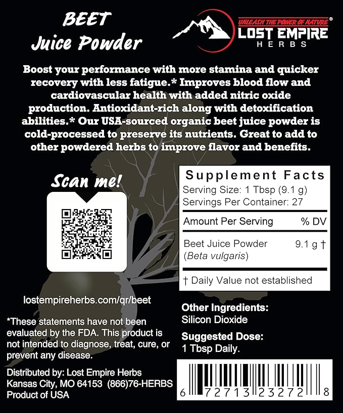 Lost Empire Herbs Beet Juice Powder | USA-Sourced Organic Cold-Pressed Nitric Oxide Supplement | for Stamina Recovery &amp Blood Flow (250 Grams)