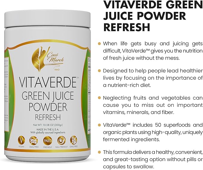 Cocó March N.M.D VitaVerde Green Juice Powder 50 Superfoods Enzymes &amp Probiotics- Refresh Flavor Organic - Vegan Paleo Friendly Dairy Free Keto Friendly GMO Free 10.58 oz 300 g