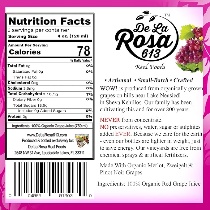 De La Rosa Organic Red Grape Juice Non-GMO Vegan and Gluten-Free Kosher Certified with No Sugar Added No Preservatives or Sulfites Grape Juice 25.4 Oz (Pack of 6)