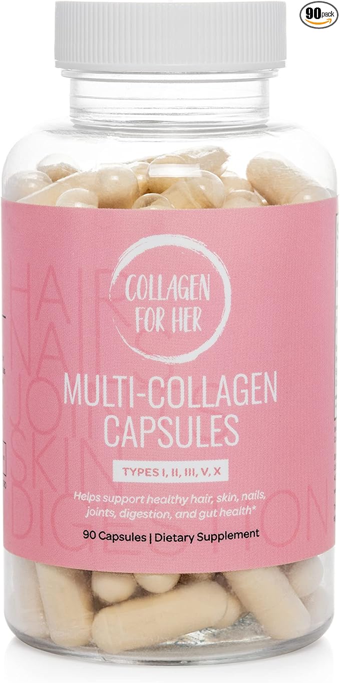 Collagen For Her: Multi Collagen Capsules for Women (Types I II III V X) Hydrolyzed Collagen Peptides Vitamin Supplement for Hair Skin Nails and Joint Support (90 ct.)