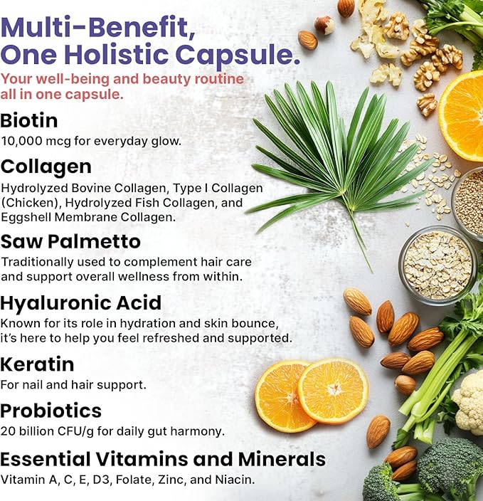 27-in-1 Hair Skin and Nails Vitamins (6810mg) with Biotin 10000mcg - Collagen Supplements for Men and Women - Keratin Supplements with Probiotics and Saw Palmetto 90ct (2-Pack)
