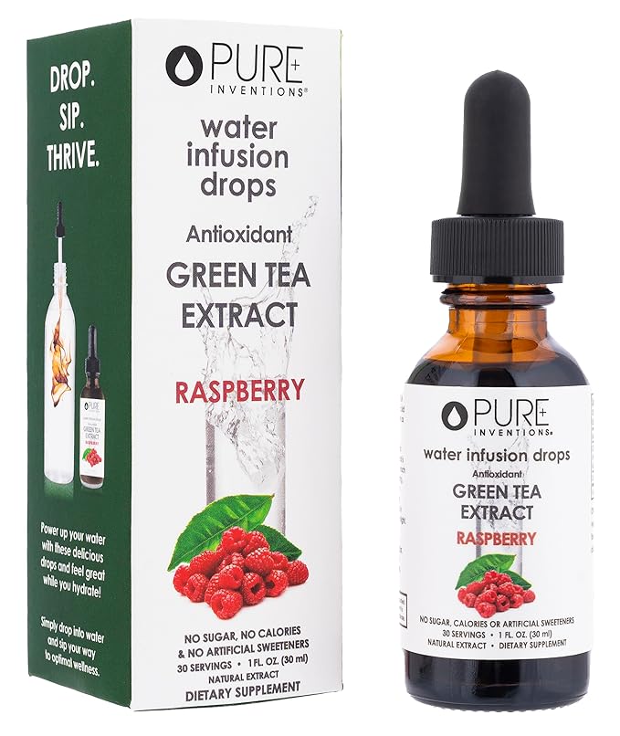 Pure Inventions - Water Infusion Drops - Daily Immunity Support Rich in Antioxidants Electrolytes - No Sugar Calories or Artificial Sweeteners - Green Tea Raspberry 30 serv.