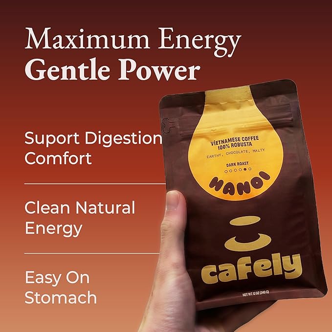 Cafely HaNoi - 100% Robusta Ground Vietnamese Coffee – Dark Roast High Caffeine (Bold &amp Punchy) Full Body Low Acid Single Origin Direct Trade For Phin French Press Cold Brew 12 oz
