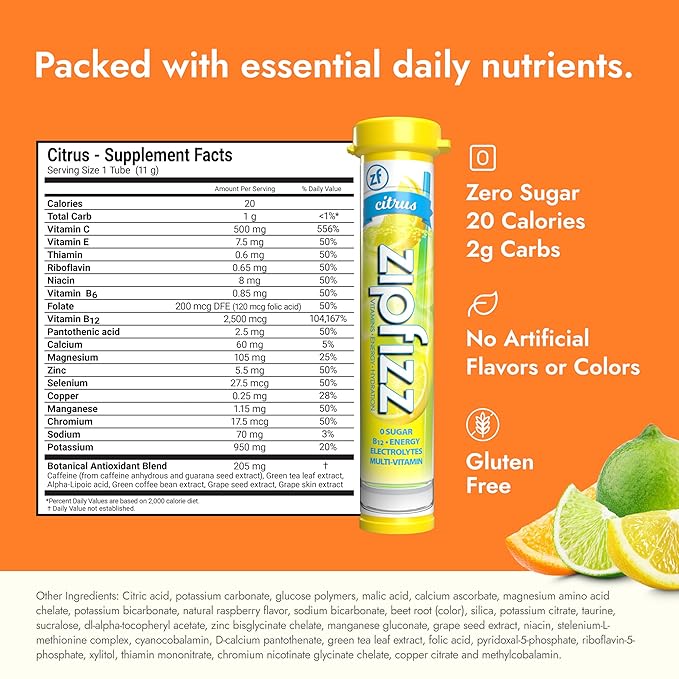Zipfizz Daily Energy Drink Powder Citrus 20 Pack 3-in-1 Sustained Energy Rapid Hydration and Essential Vitamins Sugar-Free Electrolyte Powder Contains Vitamin B-12 &amp Antioxidants