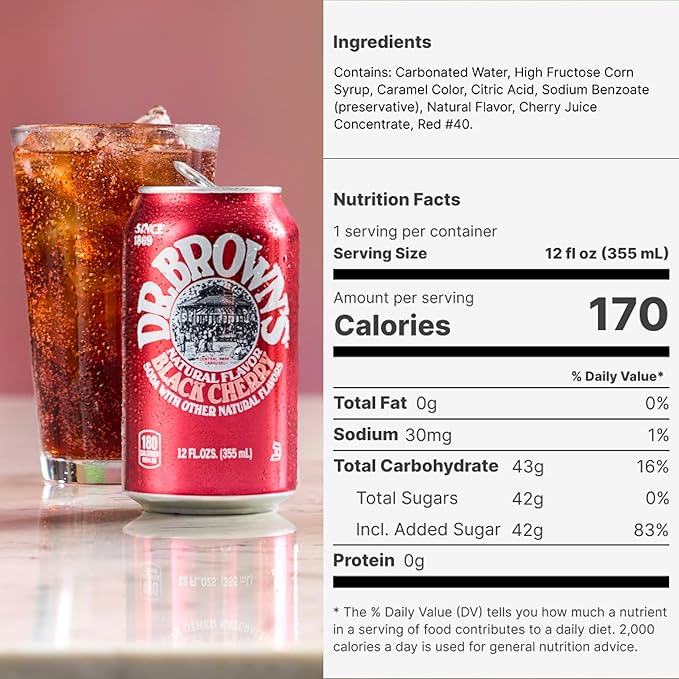 Dr. Brown's Black Cherry Soda - A New York Original - 24 Cans - Kosher Gourmet Soda Pop - Black Cherry Flavored Craft Soda - 24 x 12 oz Cans