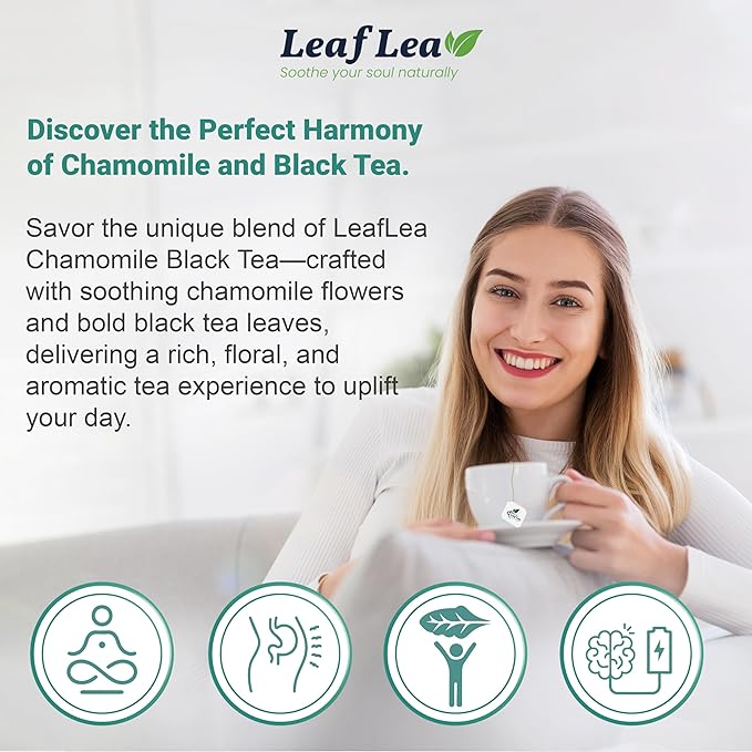 LeafLea Chamomile and Black Tea Blend Chamomile Tea Bags Black Tea &amp Pure Camomile Flowers Manzanilla Tea Bags Stress Relief Vegan Supports Digestion Ideal Wellness Gift Box | 80 Bags