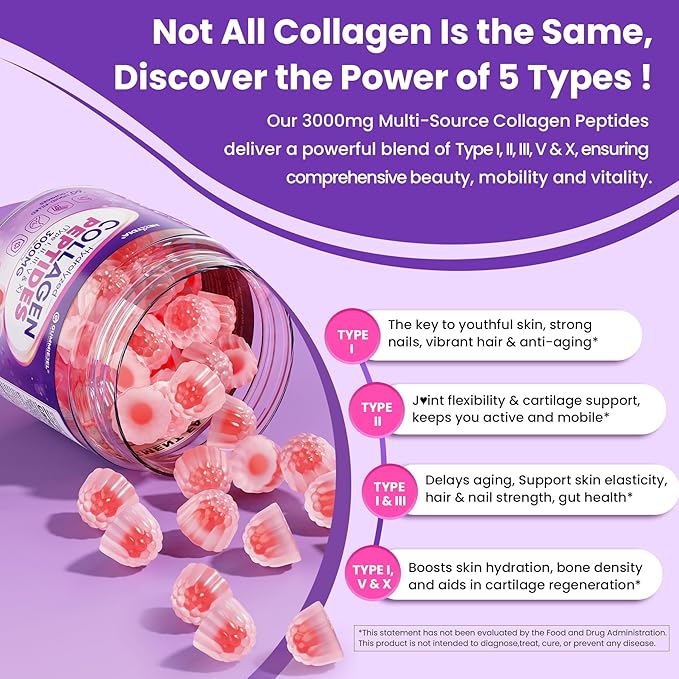 Collagen Gummies for Women &amp Men 3000mg Hydrolyzed Collagen Peptides with Antioxidant Blend &amp Digestive Enzymes Multi Collagen (Type IIIIIIVX) for Anti-Aging Hair Skin Nails Sugar Fr