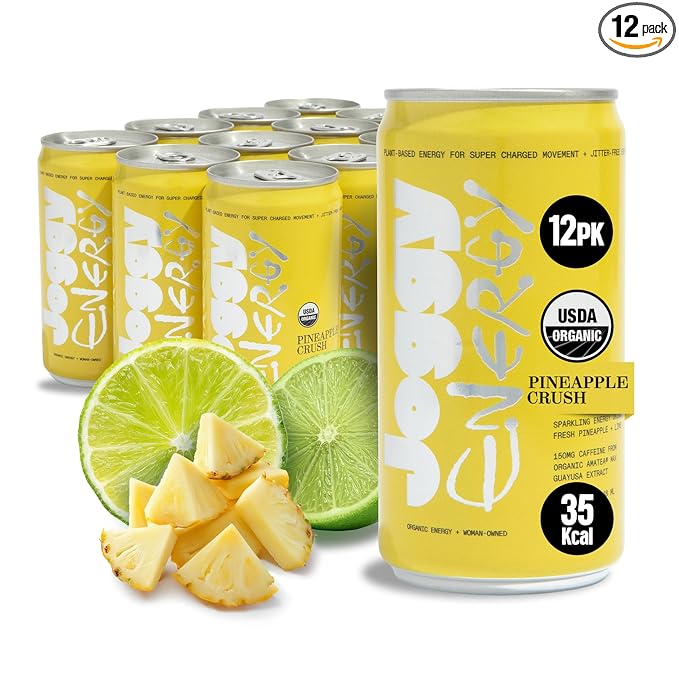 Joggy Energy Drink | Pineapple Crush 12pk (8.4oz) | USDA Organic No Added Sugar Plant-Based Energy with Juice &amp Natural Caffeine + L-Theanine | Pre-Workout Focus Drink | No Jitters Vegan Glute