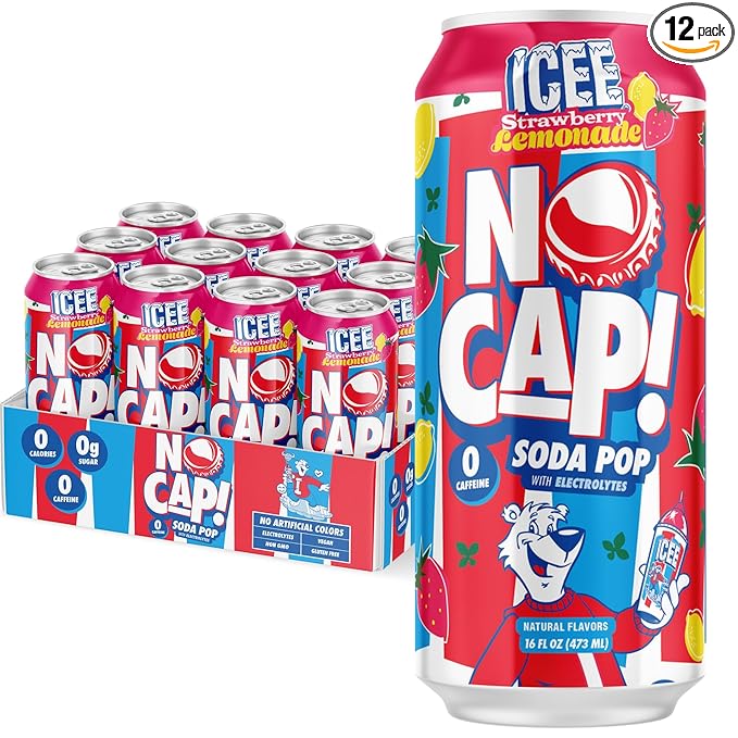 NO CAP! Next Gen Soda Pop Strawberry Lemonade with Electrolytes for Hydration Zero Sugar Zero Calories Caffeine-Free Soda Vegan &amp Gluten-Free 16 oz Cans (12-Pack)