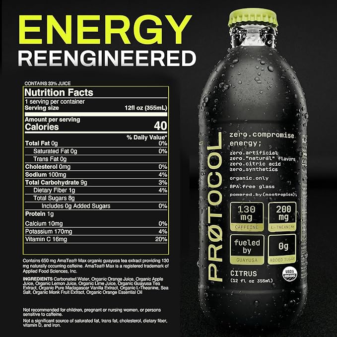 Organic Energy Drink with L-Theanine 130mg Organic Nootropic Caffeine – No Artificial Sweeteners No Sucralose – Healthy Clean Energy Citrus Flavor – 12 Pack (12oz Glass Bottles)