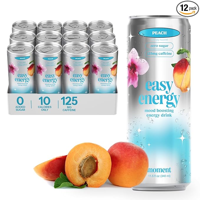 Easy Energy Drink (Peach) – Zero Sugar Sparkling Energy Drink with Natural Caffeine Magnesium &amp Lion’s Mane – Clean Energy for Workouts &amp Busy Days – 12 Pack