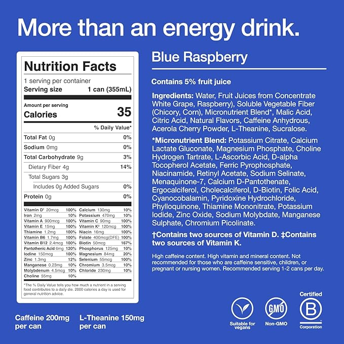 Huel Energy+ | Blue Raspberry Energy Drink | Refreshing Plant-Based Drink with Real Fruit | 200mg of Caffeine and 27 Vitamins &amp Minerals | 35 Calories per 12 FL Oz 12 Pack