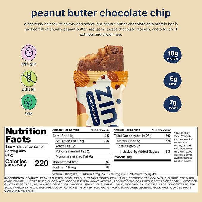 Zing Peanut Butter Chocolate Chip Vegan Protein Bars Gluten Free with High Protein High Fiber Dairy Free Nutrition Bars Plant Based Protein Kosher Low Sugar No Sugar Alcohols - 12 count