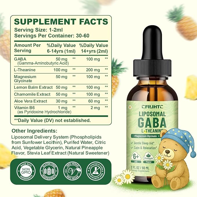 Liposomal GABA L-Theanine Drops for Kids - Liquid GABA Supplement with Magnesium Chamomile Lemon Balm &amp Vitamin B6 - Support Relaxation Focus &amp Stress Relief for Kids &amp Adults - Pineapp