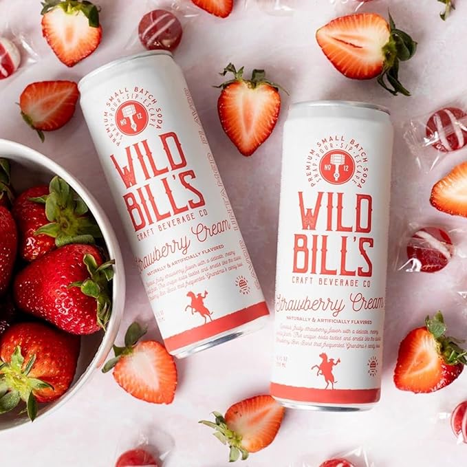 Wild Bill's Strawberry Cream Soda Classic Craft Soda Pop Soft Drinks Sodas Made with Pure Cane Sugar Caffeine Free NO High Fructose Corn Syrup Gluten Free Vegan Low Sodium 12 Oz 12 Pack